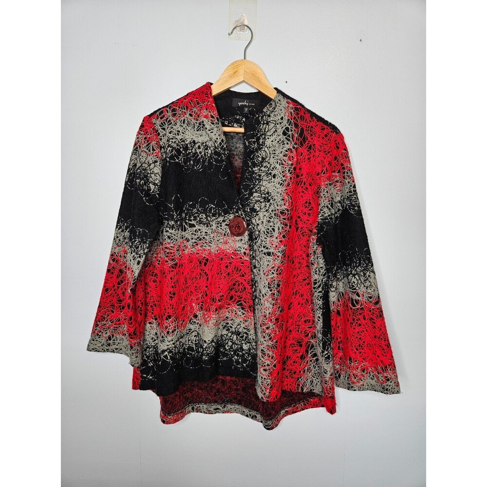 YUSHI Swing Trapeze Jacket Large Black Red Swirl Yarn Single Button Lagenlook